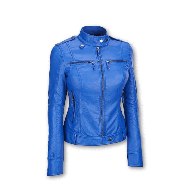 Royal Blue Leather Jacket Womens With Fur Collar